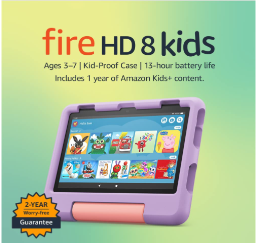 Amazon Fire HD 8 Kids tablet  8-inch HD display ages 37 includes 2-year worry-free guarantee Kid-Proof Case 32 GB 2022 release Purple